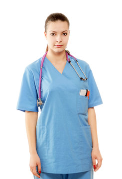 A portrait of a female doctor in uniform with a stethoscope