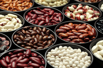 Assorted beans in round bowls