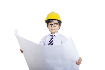 Close-up architect boy holding blueprint - isolated