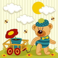 bear with a flower in a pot - vector illustration