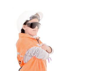 young girl construction worker in a hard hat and vest