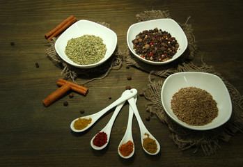 Assortment of spices in  white spoons and bowls,
