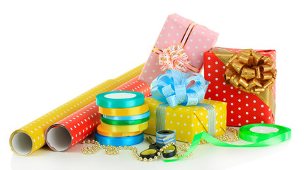 Fototapeta na wymiar Materials and accessories for wrapping gifts isolated on white