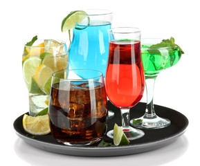Fototapeta na wymiar Many glasses of cocktails on tray, isolated on white