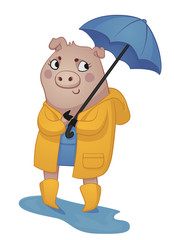 Cartoon Pig in Rain Gear.