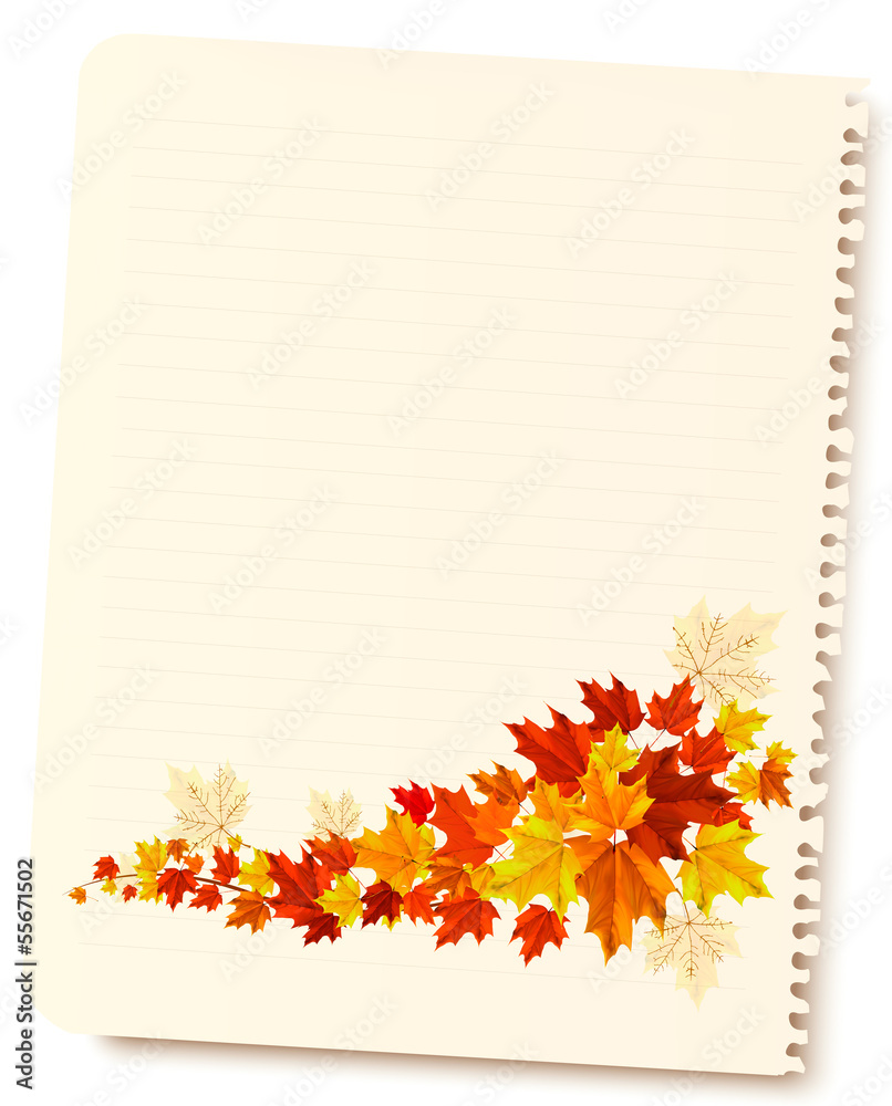 Aufkleber autumn background with sheet of paper and colorful leaves. back