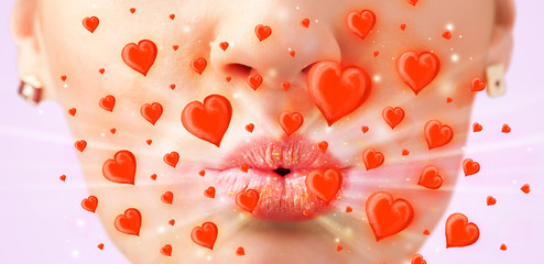 Pretty lady lips with lovely red hearts