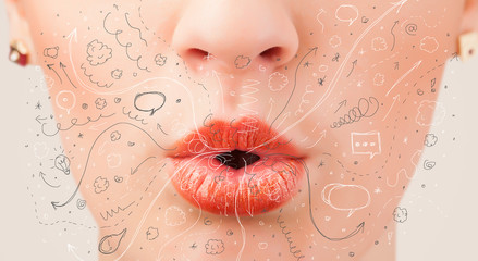Pretty woman mouth blowing hand drawn icons and symbols © ra2 studio