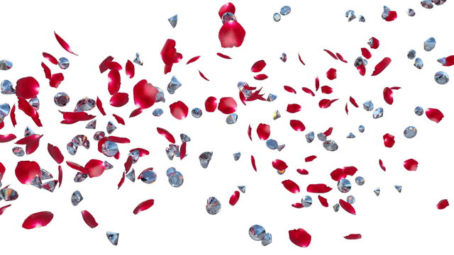 Diamonds and Rose Petals Flying, against white