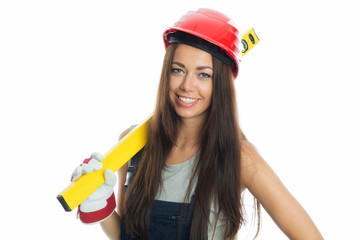 Frau mit Wasserwaage