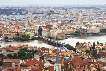 Fototapeta na wymiar Vltava River and the Charles Bridge in Prague (View from the tow