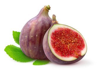 Isolated figs. Fresh fig fruits isolated on a leaf over white background