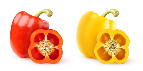 Isolated peppers. Two images of cut red and yellow bell peppers isolated on white background