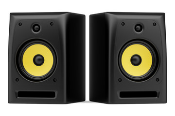 Fototapeta premium two black audio speakers isolated on white background