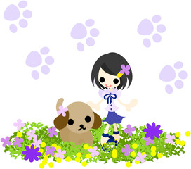 花畑で犬と一緒に散歩する小さな女の子