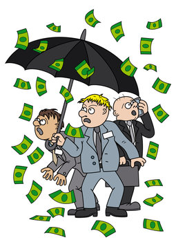 Businessmen with an umbrella under money rain