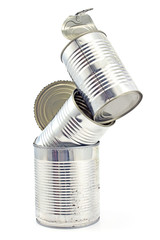 Tower of open empty tin can isolated on white