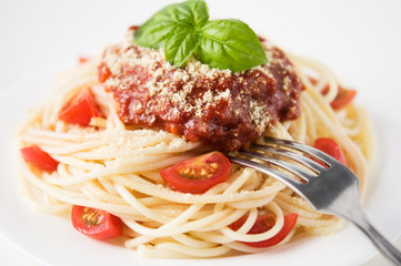 Pasta with tomato sauce, tomatoes and cheese