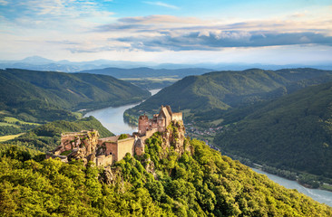 Landscape with old castle and Danube river in Wachau, Austria - obrazy, fototapety, plakaty
