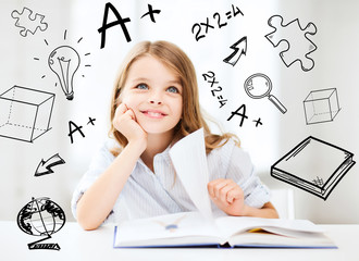 little student girl studying at school