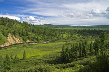Top view of the valley of the small river. Долина небо