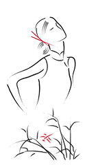 Line drawing of Chinese Woman and Red Dragonfly