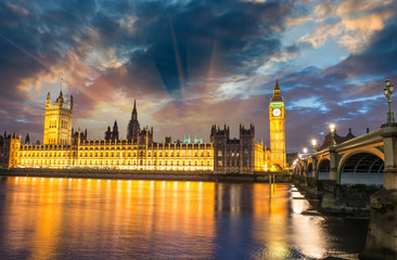 London.The Big Ben and Westminster Bridge at sunset, England