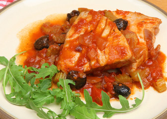Italian Tuna Steaks Poached in Tomato and White Wine Sauce.