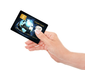 closeup of blue credit card holded by hand over white