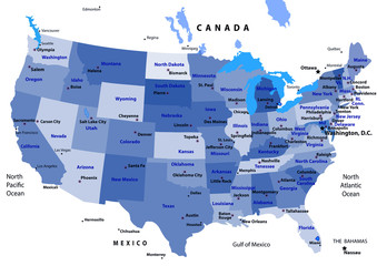 BLUE USA map with states and capital cities
