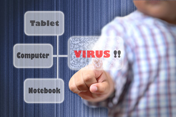 Hand of little Boys pushing VIRUS on touch screen interface