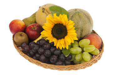 Decor of large fruit basket with sunflower
