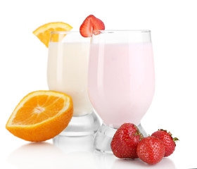 Delicious milk shakes with orange and strawberries isolated