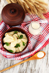 Tasty dumplings with fried onion