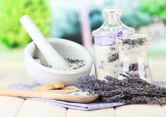 Still life with jar of lavender sugar, mortar and fresh
