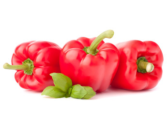 Sweet red pepper and basil leaves still life