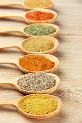 Assortment of spices in wooden spoons on wooden background