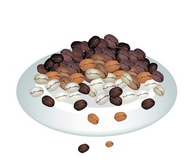 Different Colors of Coffee Beans Stack on white Plate