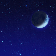 half blue moon or crescent moon with star at dark night sky