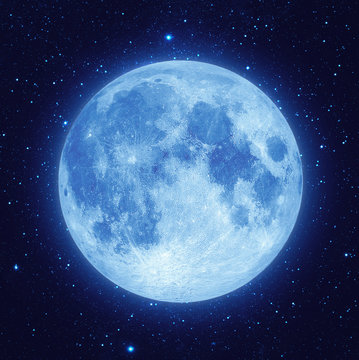 Full blue moon with star at dark night sky