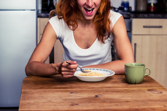Woman is excited about her breakfast