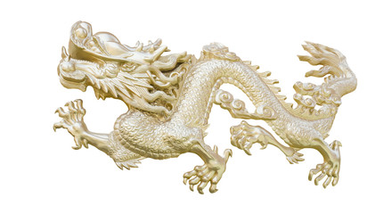 Fototapeta na wymiar Złoty Smok chiński rze¼bić wyizolować białym tle z clippi