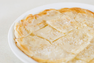 Roti Canai Pour Condensed milk and sprinkle sugar on top,cut int