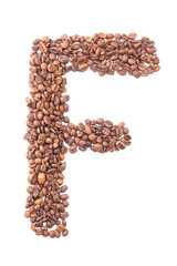 Letter F, alphabet from coffee beans on white background