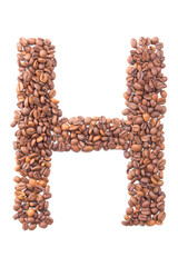 Letter H, alphabet from coffee beans on white background