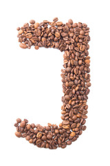 Letter J, alphabet from coffee beans on white background