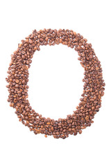 Letter O, alphabet from coffee beans on white background