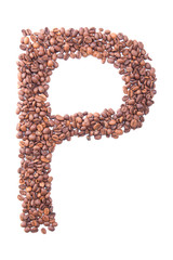 Letter P, alphabet from coffee beans on white background