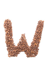 Letter W, alphabet from coffee beans on white background
