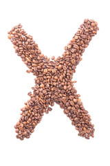 Letter X, alphabet from coffee beans on white background